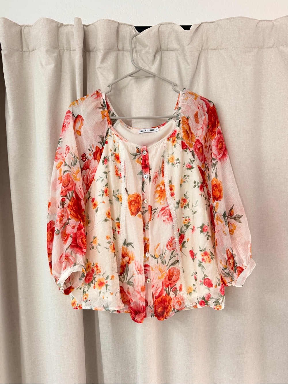 Floral Button-Front Peasant Top - Pink/Coral